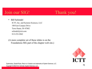 Join our SIG!                                                                       Thank you!
   • Bill Schindel
         ICTT, Inc. and Systems Sciences, LLC
         100 East Campus Drive
         Terre Haute, IN 47802
         schindel@ictt.com
         812-232-2062


   (A more complete set of these slides is on the
     Foundations SIG part of the chapter web site.)




Systematica, Gestalt Rules, Return on Variation are trademarks of System Sciences, LLC.
Copyright © 2002 W.D. Schindel, System Sciences, LLC.                                            70
 