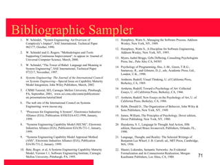 Bibliographic Sampler
 1.   W. Schindel, “System Engineering: An Overview of                11. Humphrey, Watts S., Managing the Software Process, Addison
      Complexity’s Impact”, SAE International, Technical Paper            Wesley, New York, NY, 1989.
      962177, October, 1996.
                                                                      12. Humphrey, Watts S., A Discipline for Software Engineering,
 2.   W. Schindel and G. Rogers, “Methodologies and Tools                 Addison Wesley, New York, NY, 1995.
      Supporting Continuous Improvement”, to appear in: Journal of
                                                                      13. Myers, Isabel Briggs, Gifts Differing, Consulting Psychologists
      Universal Computer Science, March, 2000.
                                                                          Press, Inc., Palo Alto, CA, 94303
 3.   W. Schindel, “The Tower of Babel: Language and Meaning in
                                                                      14. Psychology of Programming, Hoc, J.-M., Green, T.R.G.,
      System Engineering”, SAE International, Technical Paper
                                                                          Samurcay, R., and Gilmore, D.,J., eds, Academic Press, Ltd.,
      973217, November, 1997.
                                                                          London, U.K., 1990.
 4.   Systems Engineering: The Journal of the International Council
                                                                      15. Arnheim, Rudolf, Visual Thinking, U. of California Press,
      on Systems Engineering—Special Issue on Capability Maturity
                                                                          Berkeley, CA, 1969.
      Model Integration, John Wiley Publishers, March, 2002.
                                                                      16. Arnheim, Rudolf, Toward a Psychology of Art: Collected
 5.   CMMI Tutorial, SEI, Carnegie Mellon University, Pittsburgh,
                                                                          Essays, U. of California Press, Berkeley, CA, 1966.
      PA, September, 2001, www.sei.cmu.edu/cmmi/publications/
      stc.presentations/tutorial.html                                 17. Arnheim, Rudolf, New Essays on the Psychology of Art, U. of
                                                                          California Press, Berkeley, CA, 1986.
 6.   The web site of the International Council on Systems
      Engineering: www.incose.org                                     18. Hebb, Donald O., The Organization of Behavior, John Wiley &
                                                                          Sons Publishers, New York, NY, 1949.
 7.   “Processes for Engineering A System”, Electronics Industries
      Alliance (EIA), Publication ANSI/EIA-632-1998, January,         19. James, William, The Principles of Psychology, Dover edition,
      1999.                                                               Dover Publishing, New York, NY, 1980.
 8.   “Systems Engineering Capability Model (SECM)”, Electronic       20. Hayakawa, S. I., Language In Thought And Action, fifth
      Industries Alliance (EIA), Publication EIA/IS-731-1, January,       edition, Harcourt Brace Jovanovich, Publishers, Orlando, FL,
      1999.                                                               1990.
 9.   “Systems Engineering Capability Model Appraisal Method          21. Language, Thought, and Reality: The Selected Writings of
      (AM)”, Electronic Industries Alliance (EIA), Publication            Benjamin Lee Whorf, J. B. Carroll, ed., MIT Press, Cambridge,
      EIA/IS-731-2, January, 1999.                                        MA, 1956.
 10. Bate, Roger, et al, A Systems Engineering Capability Maturity    22. Shastri, Lokendra, Semantic Networks: An Evidential
     Model, Version 1.1, Software Engineering Institute, Carnegie         Formalization and its Connectionist Realization, Morgan
     Mellon University, Pittsburgh, PA, 1995.                             Kaufmann Publishers, Los Altos, CA, 1988.                         71
 
