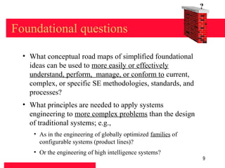 Found
                                                                      at   ion
                                                                                 ?


Foundational questions

  • What conceptual road maps of simplified foundational
    ideas can be used to more easily or effectively
    understand, perform, manage, or conform to current,
    complex, or specific SE methodologies, standards, and
    processes?
  • What principles are needed to apply systems
    engineering to more complex problems than the design
    of traditional systems; e.g.,
     • As in the engineering of globally optimized families of
       configurable systems (product lines)?
     • Or the engineering of high intelligence systems?
                                                                                 9
 