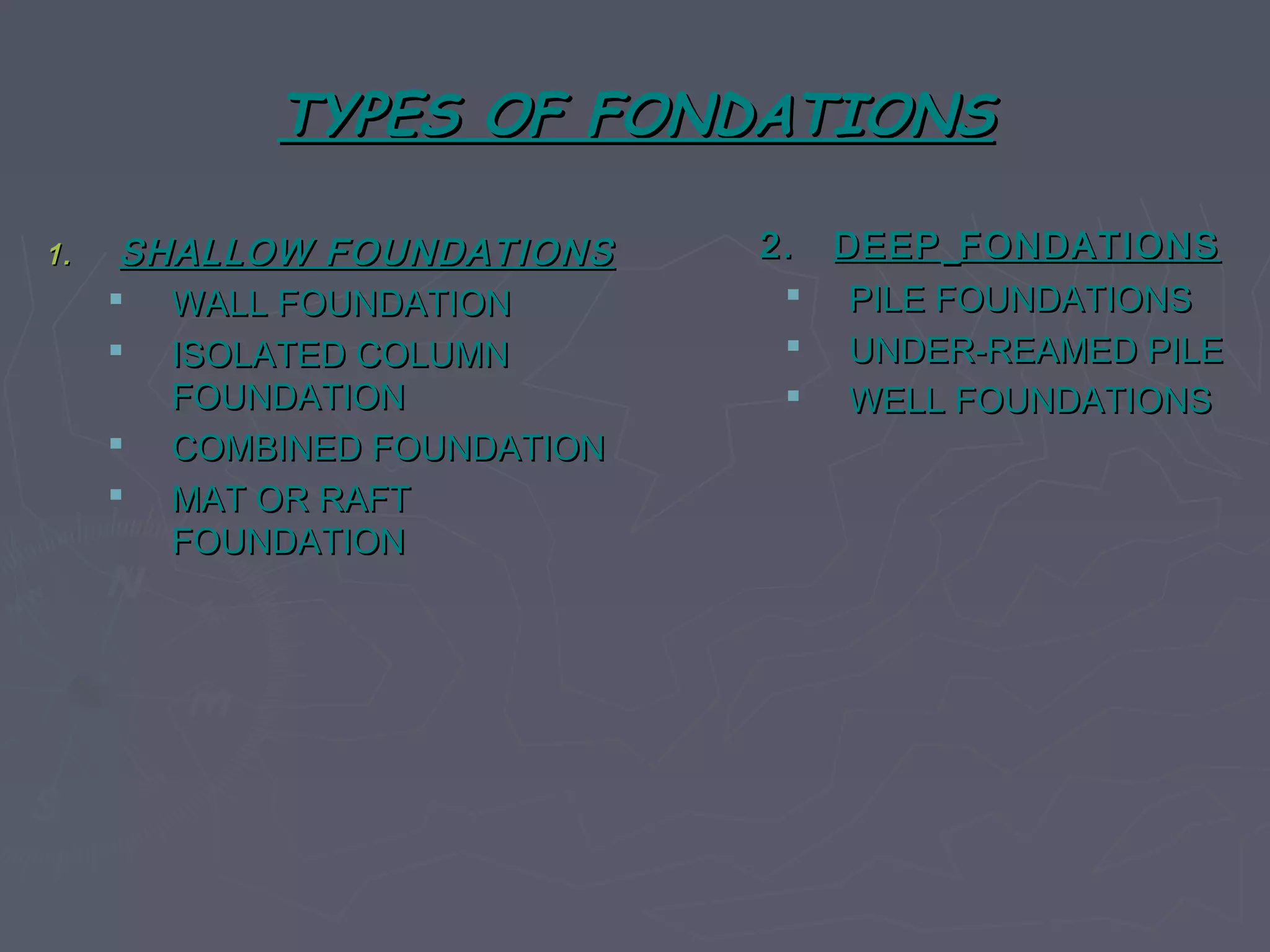 TYPES OF FONDATIONS
1.

SHALLOW FOUNDATIONS
 WALL FOUNDATION
 ISOLATED COLUMN
FOUNDATION
 COMBINED FOUNDATION
 MAT OR RAFT
FOUNDATION

2. DEEP FONDATIONS
 PILE FOUNDATIONS
 UNDER-REAMED PILE
 WELL FOUNDATIONS

 