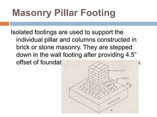 Masonry Pillar Footing
Isolated footings are used to support the
individual pillar and columns constructed in
brick or stone masonry. They are stepped
down in the wall footing after providing 4.5”
offset of foundation concrete on all the sides.
 