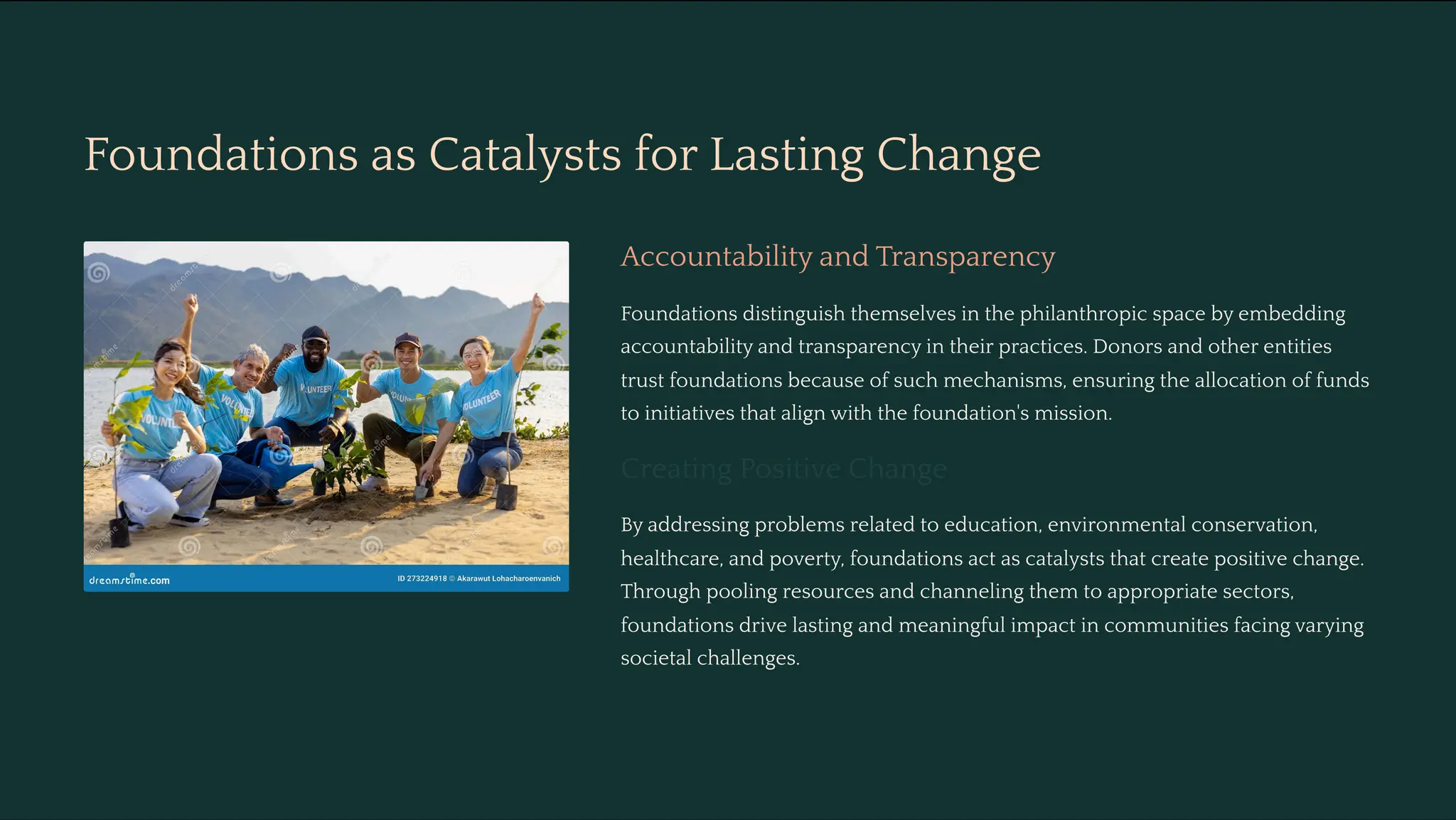 Foundations as Catalysts for Lasting Change
Accountability and Transparency
Foundations distinguish themselves in the philanthropic space by embedding
accountability and transparency in their practices. Donors and other entities
trust foundations because of such mechanisms, ensuring the allocation of funds
to initiatives that align with the foundation's mission.
Creating Positive Change
By addressing problems related to education, environmental conservation,
healthcare, and poverty, foundations act as catalysts that create positive change.
Through pooling resources and channeling them to appropriate sectors,
foundations drive lasting and meaningful impact in communities facing varying
societal challenges.
 