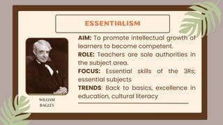 ESSENTIALISM
AIM: To promote intellectual growth of
learners to become competent.
ROLE: Teachers are sole authorities in
the subject area.
FOCUS: Essential skills of the 3Rs;
essential subjects
TRENDS: Back to basics, excellence in
education, cultural literacy
WILLIAM
BAGLEY
 