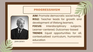 PROGRESSIVISM
AIM: Promote democratic social living.
ROLE: Teacher leads for growth and
development of lifelong learners.
FOCUS: Interdisciplinary subjects.
Learner-centered. Outcomes-based
TRENDS: Equal opportunities for all,
contextualized curriculum, humanistic
education
JOHN DEWEY
 