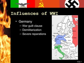 Influences of WWI Germany War guilt clause Demilitarization Severe reparations 