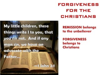 FORGIVENESS
FOR THE
CHRISTIANS
REMISSION belongs
to the unbeliever
FORGIVENESS
belongs to
Christians.
 