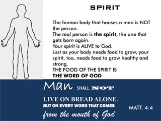 SPIRIT
The human body that houses a man is NOT
the person.
The real person is the spirit, the one that
gets born again.
Your spirit is ALIVE to God.
Just as your body needs food to grow, your
spirit, too, needs food to grow healthy and
strong.
THE FOOD OF THE SPIRIT IS
THE WORD OF GOD
MATT. 4:4
Man
LIVE ON BREAD ALONE.
BUT ON EVERY WORD THAT COMES
from the mouth of God
 