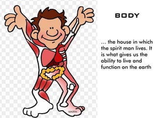 BODY
… the house in which
the spirit man lives. It
is what gives us the
ability to live and
function on the earth
 