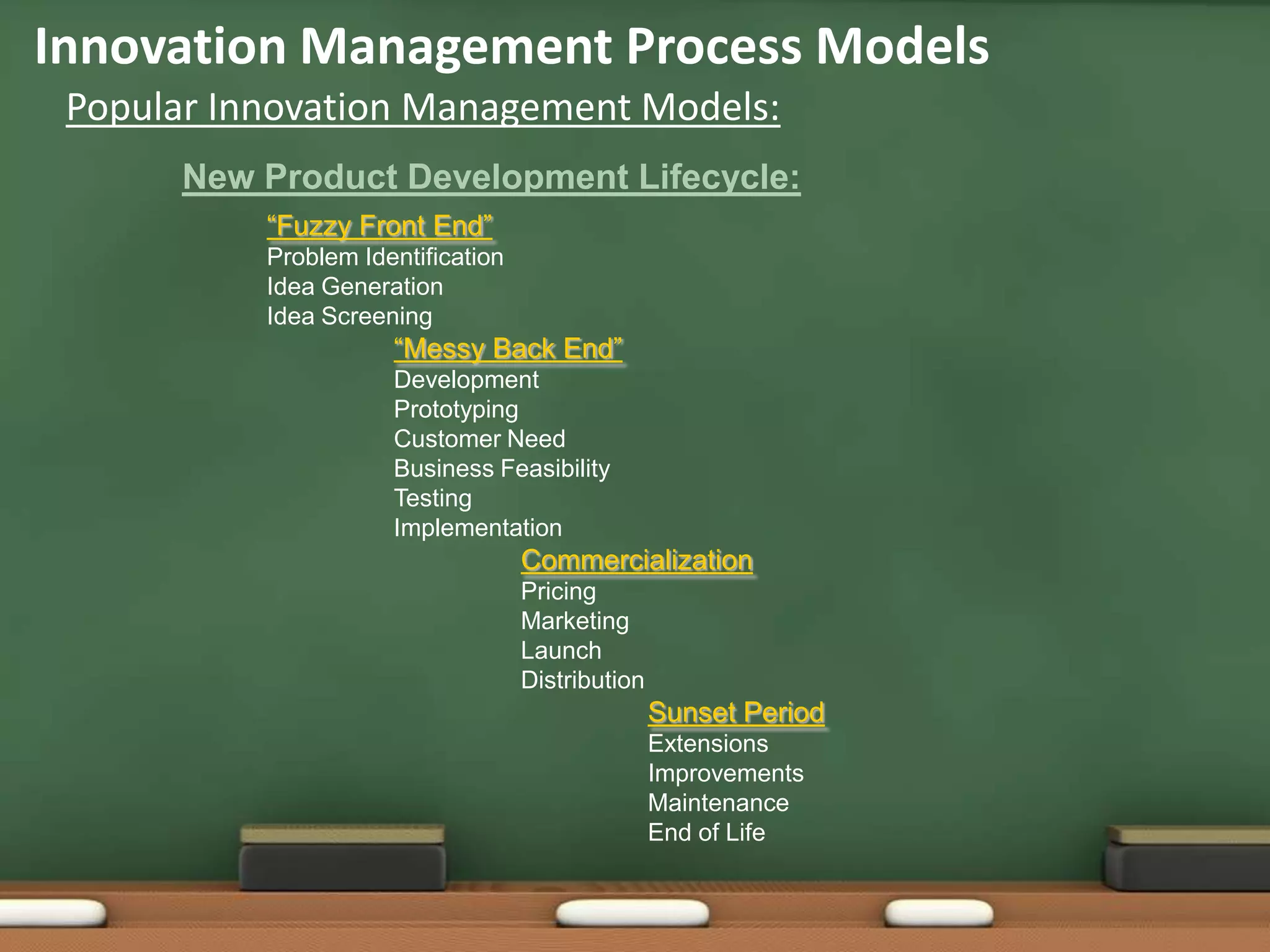 Innovation Management Process Models
 Popular Innovation Management Models:
       New Product Development Lifecycle:
           “Fuzzy Front End”
           Problem Identification
           Idea Generation
           Idea Screening
                      “Messy Back End”
                      Development
                      Prototyping
                      Customer Need
                      Business Feasibility
                      Testing
                      Implementation
                                    Commercialization
                                    Pricing
                                    Marketing
                                    Launch
                                    Distribution
                                                   Sunset Period
                                                   Extensions
                                                   Improvements
                                                   Maintenance
                                                   End of Life
 