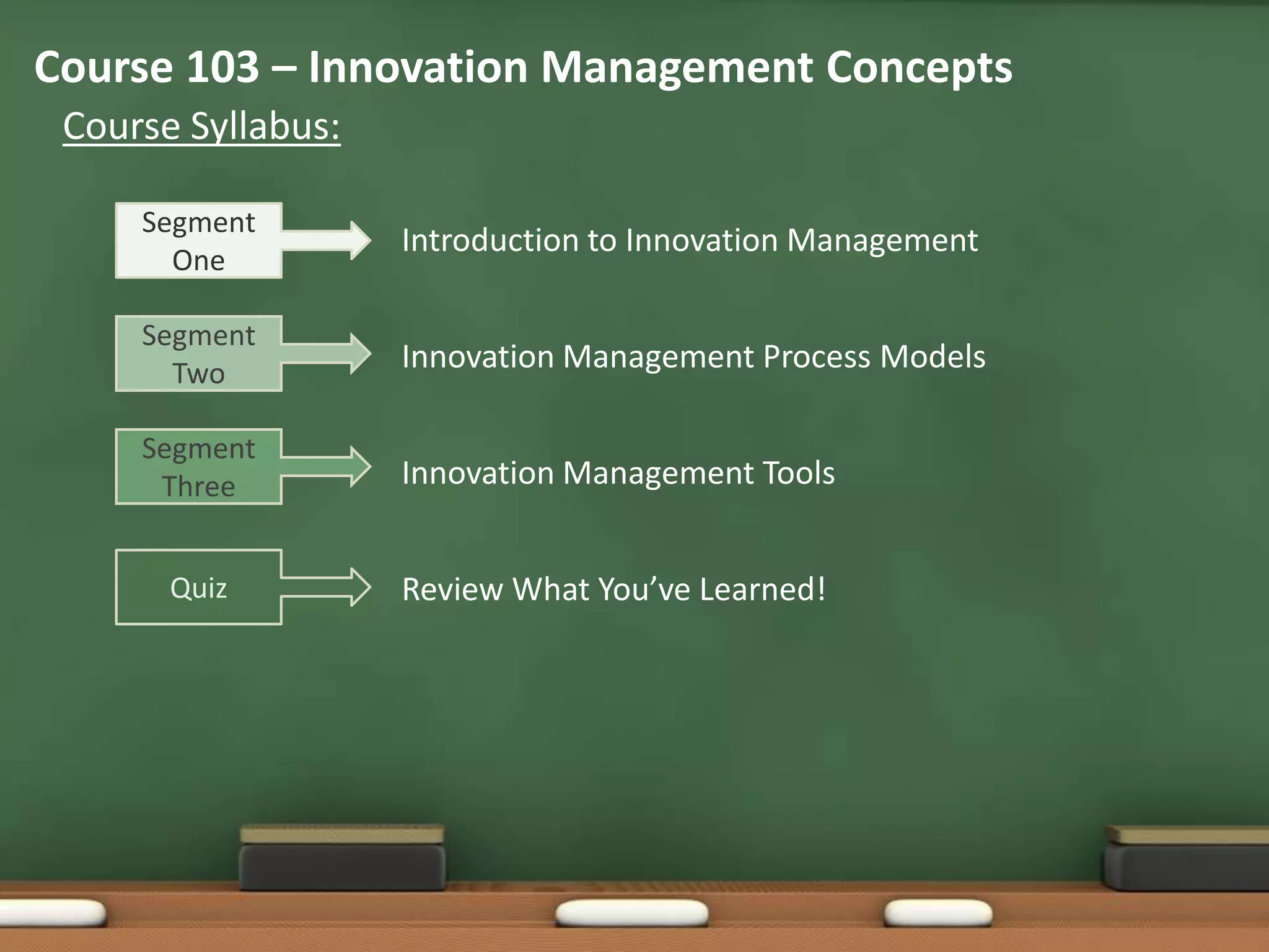 Course 103 – Innovation Management Concepts
 Course Syllabus:

     Segment
                    Introduction to Innovation Management
       One

     Segment
       Two          Innovation Management Process Models

     Segment
      Three         Innovation Management Tools


       Quiz         Review What You’ve Learned!
 
