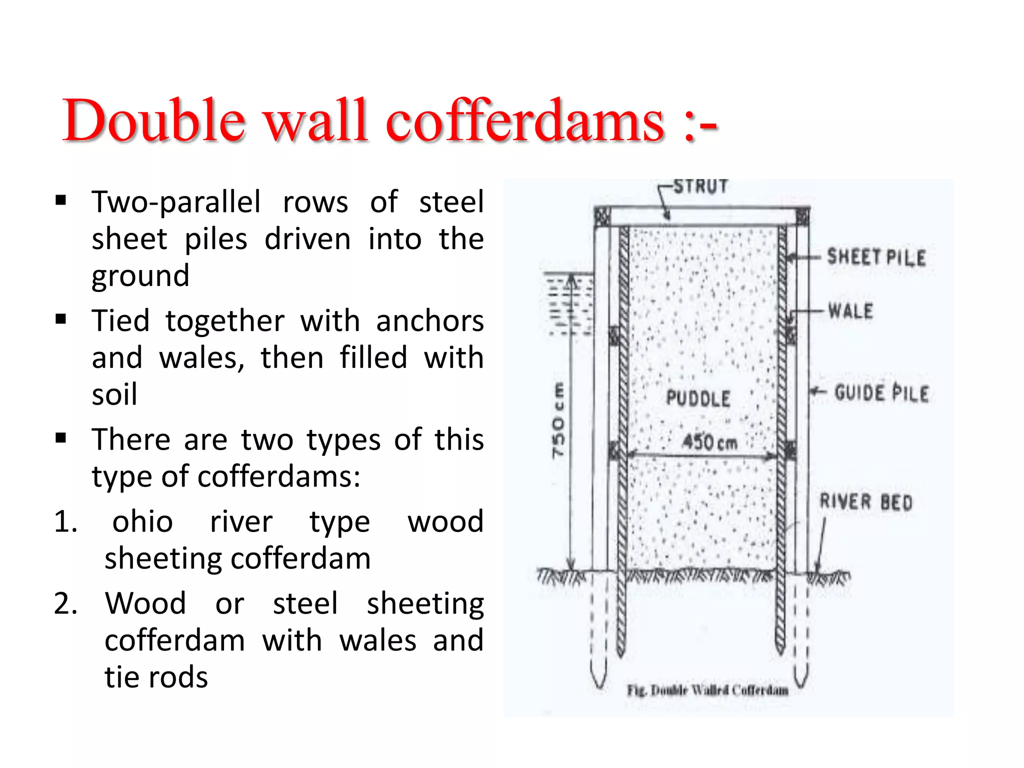 Double wall cofferdams :-
 Two-parallel rows of steel
sheet piles driven into the
ground
 Tied together with anchors
and wales, then filled with
soil
 There are two types of this
type of cofferdams:
1. ohio river type wood
sheeting cofferdam
2. Wood or steel sheeting
cofferdam with wales and
tie rods
 