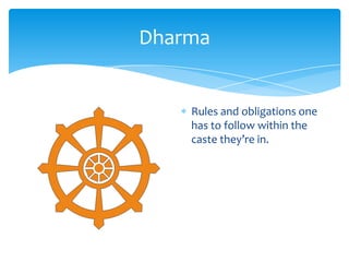 DharmaRules and obligations one has to follow within the caste they’re in.