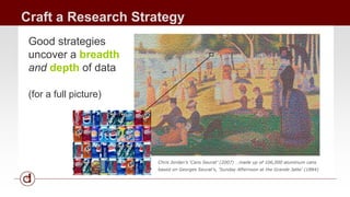 Craft a Research Strategy 
Good strategies 
uncover a breadth 
and depth of data 
(for a full picture) 
Chris Jordan’s ‘Cans Seurat’ (2007) …made up of 106,000 aluminum cans 
based on Georges Seurat’s, ‘Sunday Afternoon at the Grande Jatte’ (1884) 
 