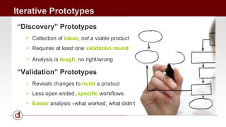 Iterative Prototypes 
“Discovery” Prototypes 
• Collection of ideas, not a viable product 
• Requires at least one validation round 
• Analysis is tough, no right/wrong 
“Validation” Prototypes 
• Reveals changes to build a product 
• Less open ended, specific workflows 
• Easier analysis –what worked, what didn’t 
 