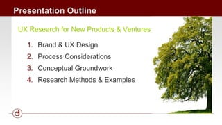 Presentation Outline 
UX Research for New Products & Ventures 
1. Brand & UX Design 
2. Process Considerations 
3. Conceptual Groundwork 
4. Research Methods & Examples 
 