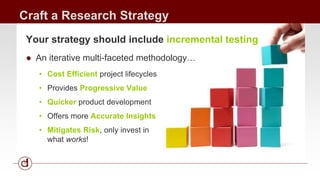 Craft a Research Strategy 
Your strategy should include incremental testing 
● An iterative multi-faceted methodology… 
• ...
