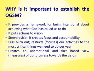 WHY is it important to establish the
OGSM?
• It provides a framework for being intentional about
achieving what God has called us to do
• It puts actions to vision
• Stewardship: it creates focus and accountability
• Less burn out; restricts (focuses) our activities to the
most critical things we need to do per year
• Creates an unemotional and fact based view
(measures) of our progress towards the vision
 
