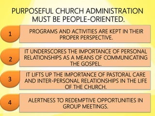 PURPOSEFUL CHURCH ADMINISTRATION
MUST BE PEOPLE-ORIENTED.
1
2
3
PROGRAMS AND ACTIVITIES ARE KEPT IN THEIR
PROPER PERSPECTIVE.
IT UNDERSCORES THE IMPORTANCE OF PERSONAL
RELATIONSHIPS AS A MEANS OF COMMUNICATING
THE GOSPEL.
IT LIFTS UP THE IMPORTANCE OF PASTORAL CARE
AND INTER-PERSONAL RELATIONSHIPS IN THE LIFE
OF THE CHURCH.
4 ALERTNESS TO REDEMPTIVE OPPORTUNITIES IN
GROUP MEETINGS.
 