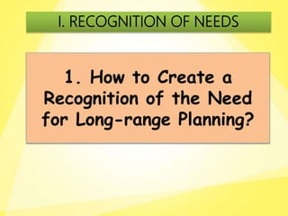 1. How to Create a
Recognition of the Need
for Long-range Planning?
I. RECOGNITION OF NEEDS
 