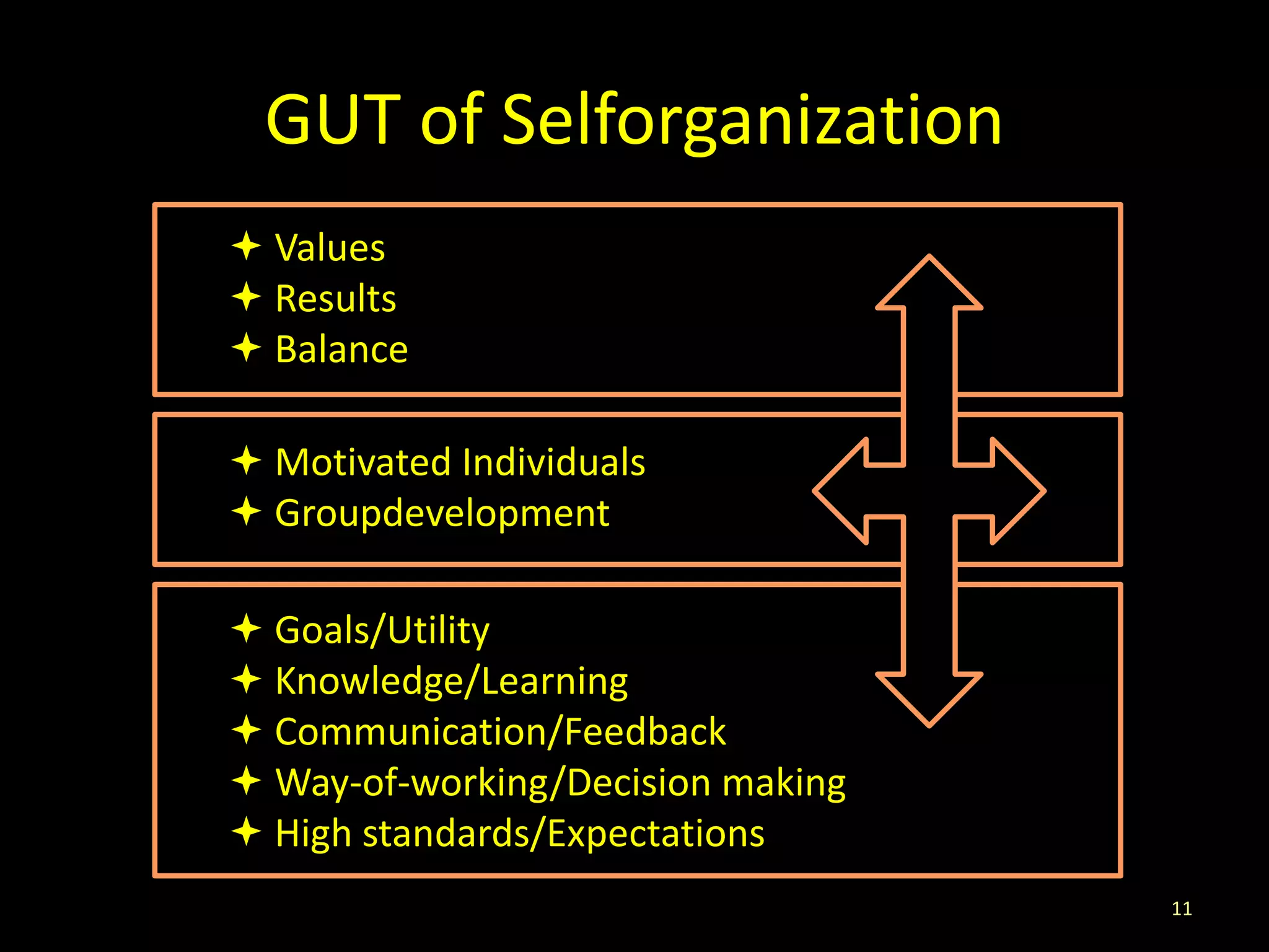 GUT of Selforganization
 Values
 Results
 Balance

 Motivated Individuals
 Groupdevelopment

 Goals/Utility
 Knowledge/Learning
 Communication/Feedback
 Way-of-working/Decision making
 High standards/Expectations
                                   11
 