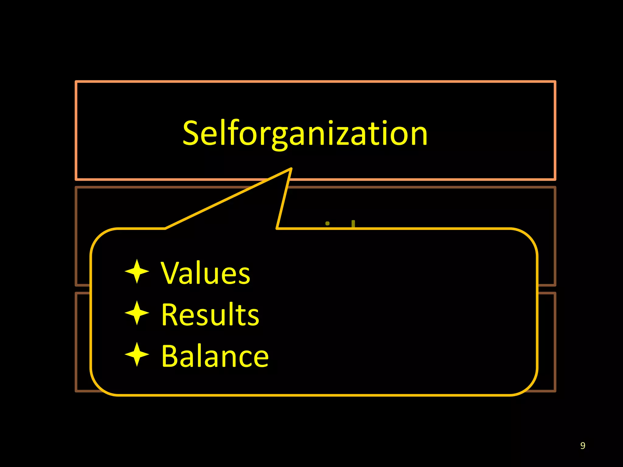 Selforganization

     Människor
 Values
 Results
        Grunder
 Balance

                      9
 
