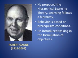 • He proposed the
Hierarchical Learning
Theory. Learning follows
a hierarchy.
• Behavior is based on
prerequisite conditions.
• He introduced tasking in
the formulation of
objectives.
 