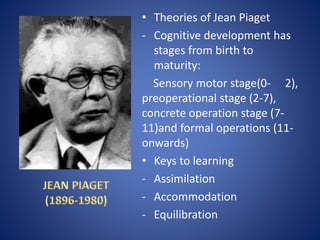 • Theories of Jean Piaget
- Cognitive development has
stages from birth to
maturity:
Sensory motor stage(0- 2),
preoperational stage (2-7),
concrete operation stage (7-
11)and formal operations (11-
onwards)
• Keys to learning
- Assimilation
- Accommodation
- Equilibration
 