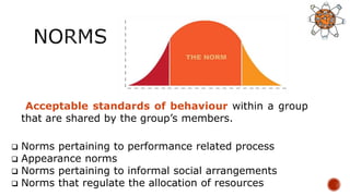 Acceptable standards of behaviour within a group
that are shared by the group’s members.
 Norms pertaining to performance related process
 Appearance norms
 Norms pertaining to informal social arrangements
 Norms that regulate the allocation of resources
 