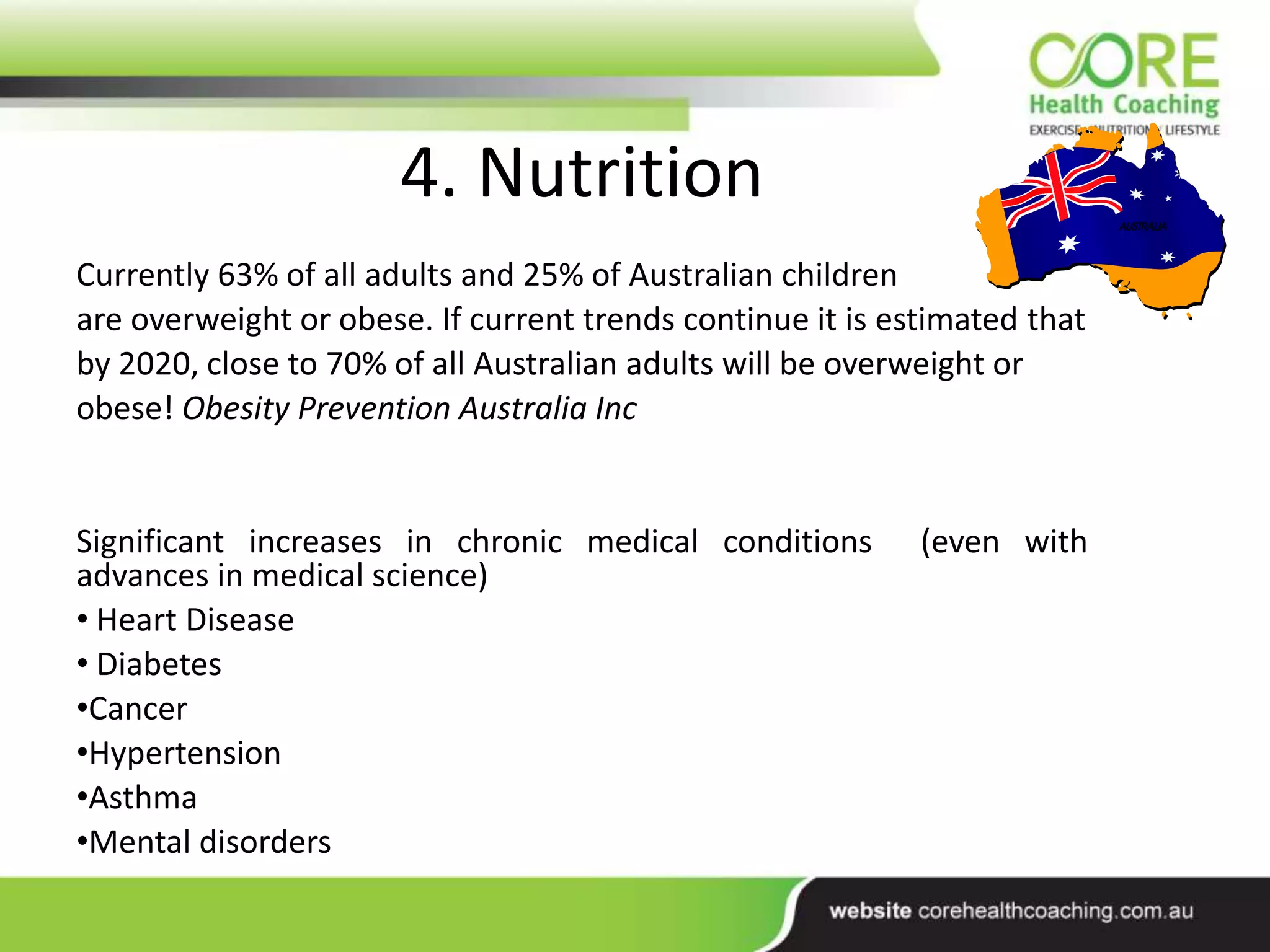4. Nutrition
Currently 63% of all adults and 25% of Australian children
are overweight or obese. If current trends continue it is estimated that
by 2020, close to 70% of all Australian adults will be overweight or
obese! Obesity Prevention Australia Inc
Significant increases in chronic medical conditions (even with
advances in medical science)
• Heart Disease
• Diabetes
•Cancer
•Hypertension
•Asthma
•Mental disorders
 