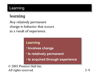 Learning
Learning




             Learning
              Learning
             ••Involves change
                Involves change
             ••Is relatively permanent
                Is relatively permanent
             ••Is acquired through experience
                Is acquired through experience
© 2003 Prentice Hall Inc.
All rights reserved.                             2–9
 