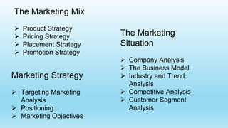 The Marketing
Situation
 Company Analysis
 The Business Model
 Industry and Trend
Analysis
 Competitive Analysis
 Customer Segment
Analysis
Marketing Strategy
 Targeting Marketing
Analysis
 Positioning
 Marketing Objectives
The Marketing Mix
 Product Strategy
 Pricing Strategy
 Placement Strategy
 Promotion Strategy
 