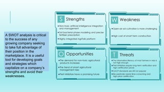 A SWOT analysis is critical
to the success of any
growing company seeking
to take full advantage of
their position in the
marketplace. It is a useful
tool for developing goals
and strategies which
capitalize on a company’s
strengths and avoid their
weaknesses.
 