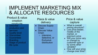 IMPLEMENT MARKETING MIX
& ALLOCATE RESOURCES
Product & value
creation
products
● Describe
product(s) and
services
● Quality level
● Warranties/
Guarantees
● Branding
● Stage of product
life cycle
Price & value
capture
● What is overall
pricing structure?
● Low price leader,
middle of the
market, or
premium price
● Will your price vary
or change by
customer type or
by some other
variable?
● How will your price
change over time?
Place & value
delivery
● Discuss Supply
Chain
● Discuss Value
Chain
○ Intensive,
Selective, or
Exclusive
distribution
 