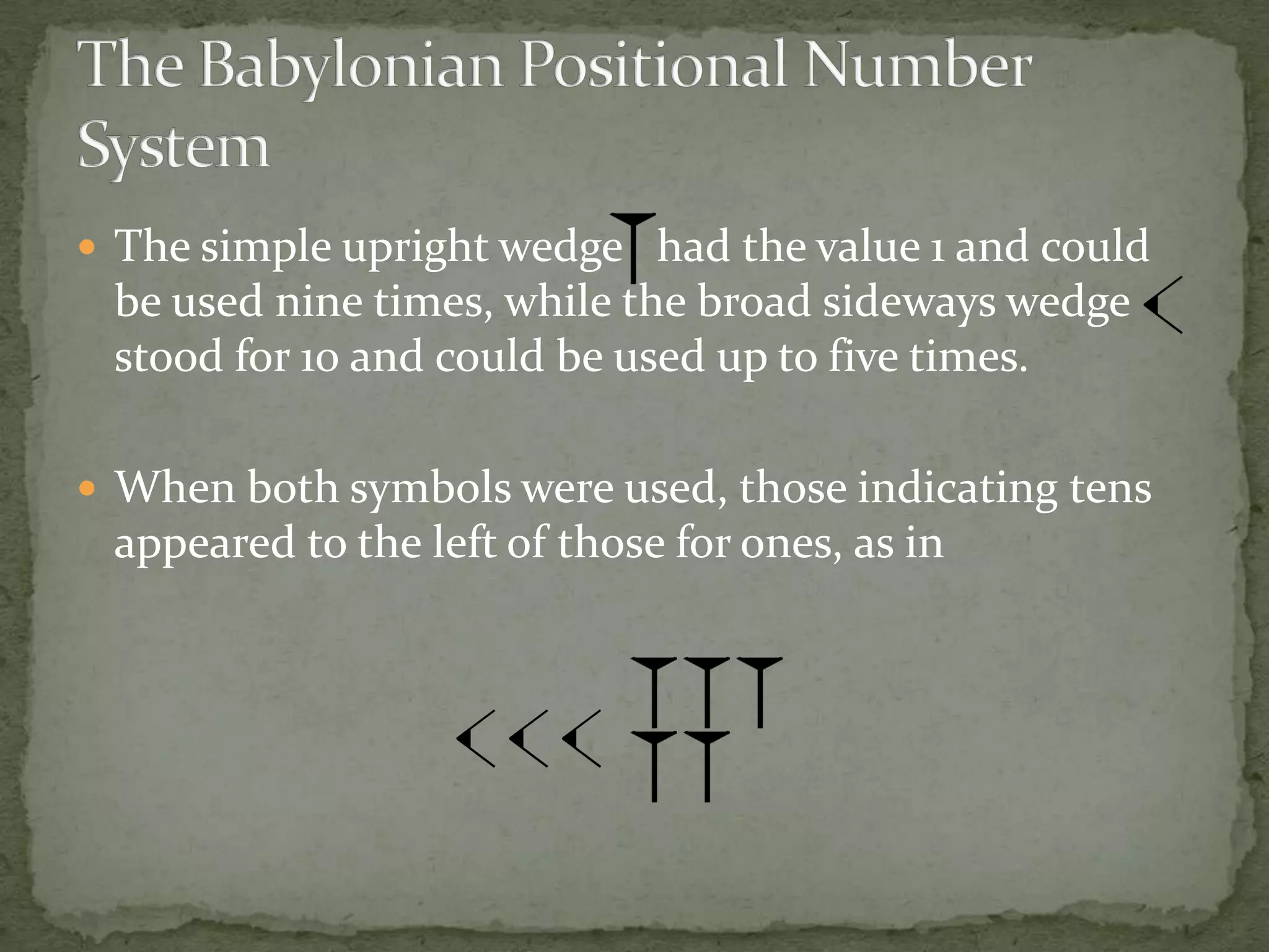  The simple upright wedge had the value 1 and could
 be used nine times, while the broad sideways wedge
 stood for 10 and could be used up to five times.

 When both symbols were used, those indicating tens
 appeared to the left of those for ones, as in
 