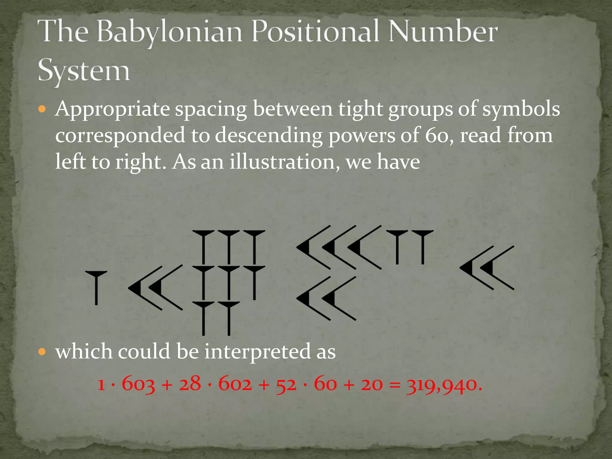  Appropriate spacing between tight groups of symbols
 corresponded to descending powers of 60, read from
 left to right. As an illustration, we have




 which could be interpreted as
      1 · 603 + 28 · 602 + 52 · 60 + 20 = 319,940.
 