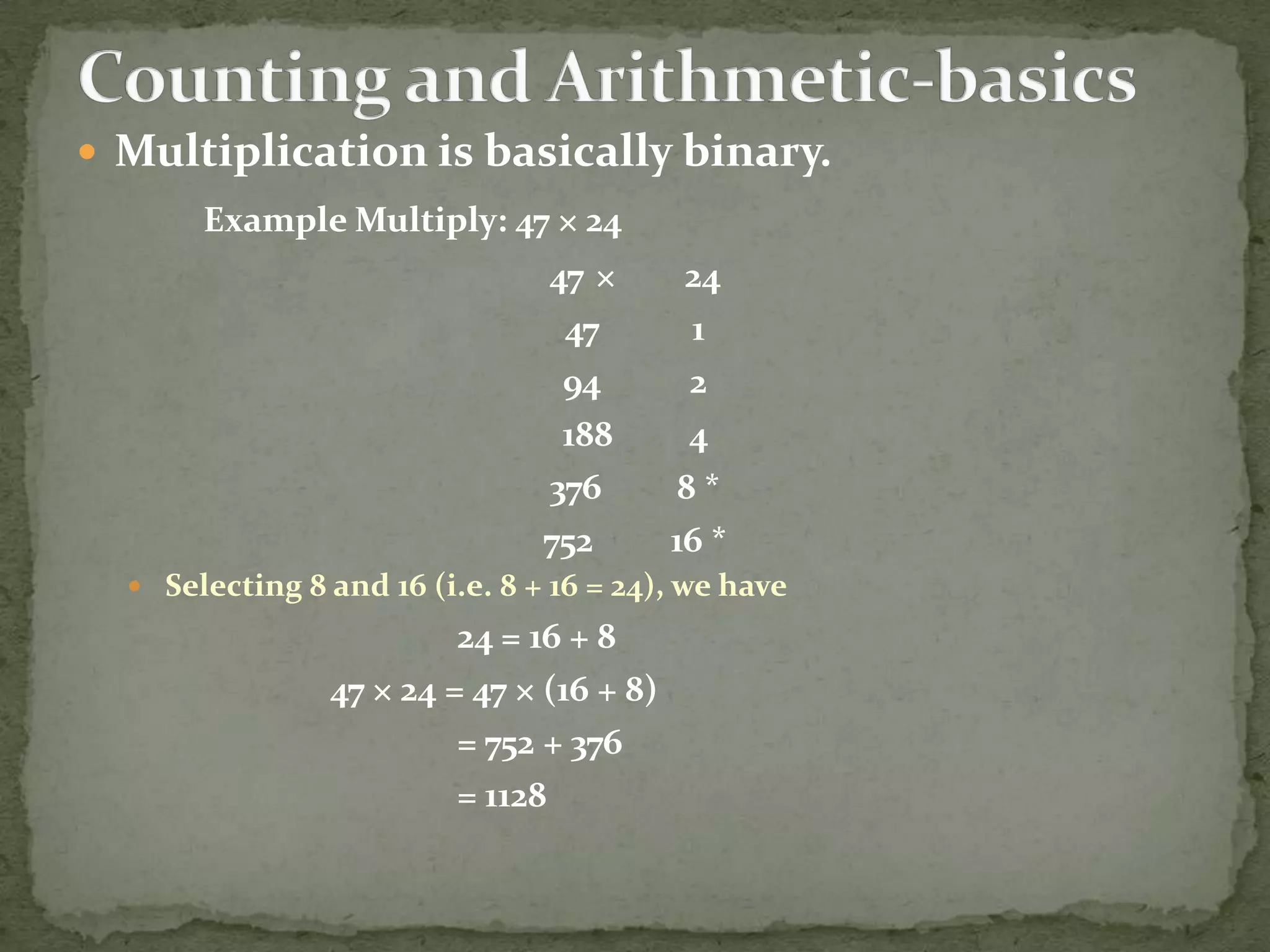  Multiplication is basically binary.
       Example Multiply: 47 × 24
                                47 ×       24
                                 47         1
                                 94        2
                                 188       4
                                376        8*
                                752       16 *
   Selecting 8 and 16 (i.e. 8 + 16 = 24), we have
                         24 = 16 + 8
                47 × 24 = 47 × (16 + 8)
                         = 752 + 376
                         = 1128
 