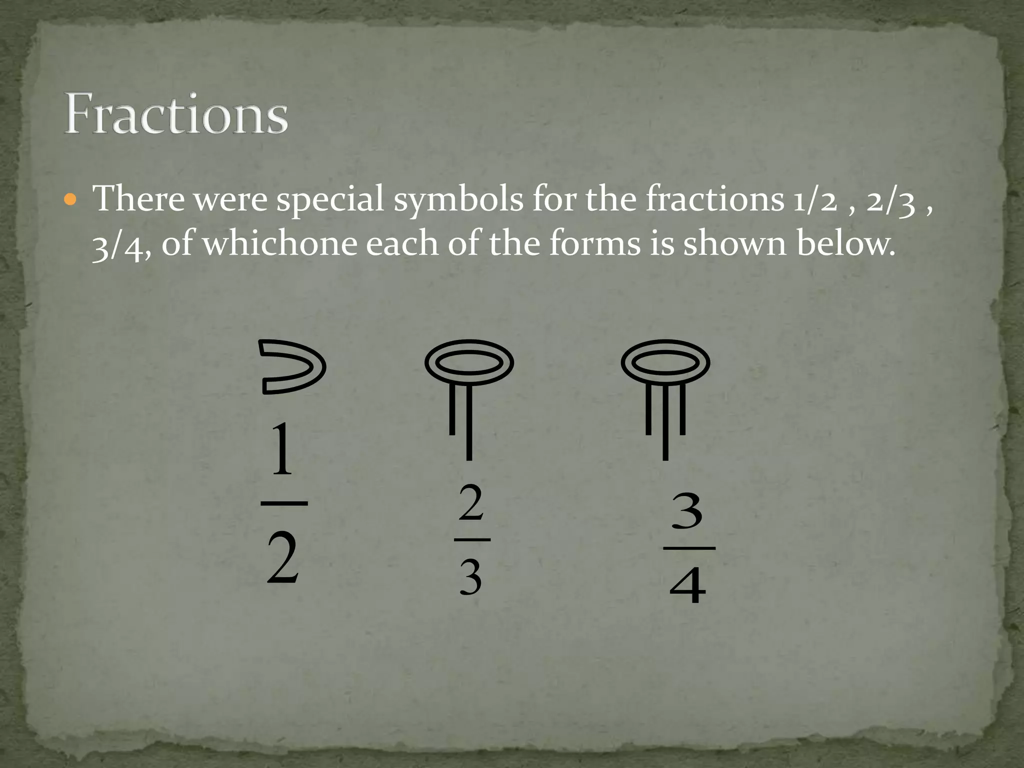  There were special symbols for the fractions 1/2 , 2/3 ,
  3/4, of whichone each of the forms is shown below.




             1
                          2             3
             2            3             4
 