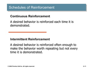 © 2005 Prentice Hall Inc. All rights reserved. 2–11
Schedules of Reinforcement
Continuous Reinforcement
A desired behavior is reinforced each time it is
demonstrated.
Intermittent Reinforcement
A desired behavior is reinforced often enough to
make the behavior worth repeating but not every
time it is demonstrated.
 