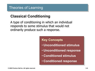 © 2005 Prentice Hall Inc. All rights reserved. 2–6
Theories of Learning
Key Concepts
• Unconditioned stimulus
• Unconditioned response
• Conditioned stimulus
• Conditioned response
Classical Conditioning
A type of conditioning in which an individual
responds to some stimulus that would not
ordinarily produce such a response.
 