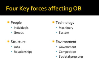  People
 Individuals
 Groups
 Structure
 Jobs
 Relationships
 Technology
 Machinery
 System
 Environment
 Government
 Competition
 Societal pressures
 