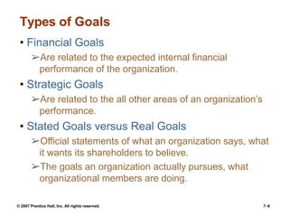 © 2007 Prentice Hall, Inc. All rights reserved. 7–6
Types of Goals
• Financial Goals
➢Are related to the expected internal financial
performance of the organization.
• Strategic Goals
➢Are related to the all other areas of an organization’s
performance.
• Stated Goals versus Real Goals
➢Official statements of what an organization says, what
it wants its shareholders to believe.
➢The goals an organization actually pursues, what
organizational members are doing.
 