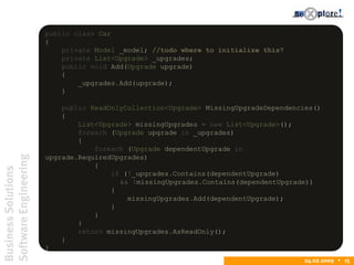 BusinessSolutions
SoftwareEngineering
24.02.2009  15
public class Car
{
private Model _model; //todo where to initialize this?
private List<Upgrade> _upgrades;
public void Add(Upgrade upgrade)
{
_upgrades.Add(upgrade);
}
public ReadOnlyCollection<Upgrade> MissingUpgradeDependencies()
{
List<Upgrade> missingUpgrades = new List<Upgrade>();
foreach (Upgrade upgrade in _upgrades)
{
foreach (Upgrade dependentUpgrade in
upgrade.RequiredUpgrades)
{
if (!_upgrades.Contains(dependentUpgrade)
&& !missingUpgrades.Contains(dependentUpgrade))
{
missingUpgrades.Add(dependentUpgrade);
}
}
}
return missingUpgrades.AsReadOnly();
}
}
 