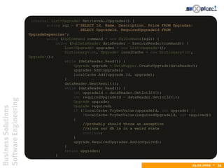 BusinessSolutions
SoftwareEngineering
24.02.2009  34
internal List<Upgrade> RetrieveAllUpgrades() {
string sql = @"SELECT Id, Name, Description, Price FROM Upgrades;
SELECT UpgradeId, RequiredUpgradeId FROM
UpgradeDepencies";
using (SqlCommand command = new SqlCommand(sql)) {
using (SqlDataReader dataReader = ExecuteReader(command)) {
List<Upgrade> upgrades = new List<Upgrade>();
Dictionary<int, Upgrade> localCache = new Dictionary<int,
Upgrade>();
while (dataReader.Read()) {
Upgrade upgrade = DataMapper.CreateUpgrade(dataReader);
upgrades.Add(upgrade);
localCache.Add(upgrade.Id, upgrade);
}
dataReader.NextResult();
while (dataReader.Read()) {
int upgradeId = dataReader.GetInt32(0);
int requiredUpgradeId = dataReader.GetInt32(1);
Upgrade upgrade;
Upgrade required;
if (!localCache.TryGetValue(upgradeId, out upgrade) ||
!localCache.TryGetValue(requiredUpgradeId, out required))
{
//probably should throw an exception
//since our db is in a weird state
continue;
}
upgrade.RequiredUpgrades.Add(required);
}
return upgrades;
}
}
 