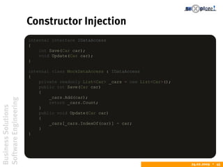 BusinessSolutions
SoftwareEngineering
24.02.2009  45
Constructor Injection
internal interface IDataAccess
{
int Save(Car car);
void Update(Car car);
}
internal class MockDataAccess : IDataAccess
{
private readonly List<Car> _cars = new List<Car>();
public int Save(Car car)
{
_cars.Add(car);
return _cars.Count;
}
public void Update(Car car)
{
_cars[_cars.IndexOf(car)] = car;
}
}
 