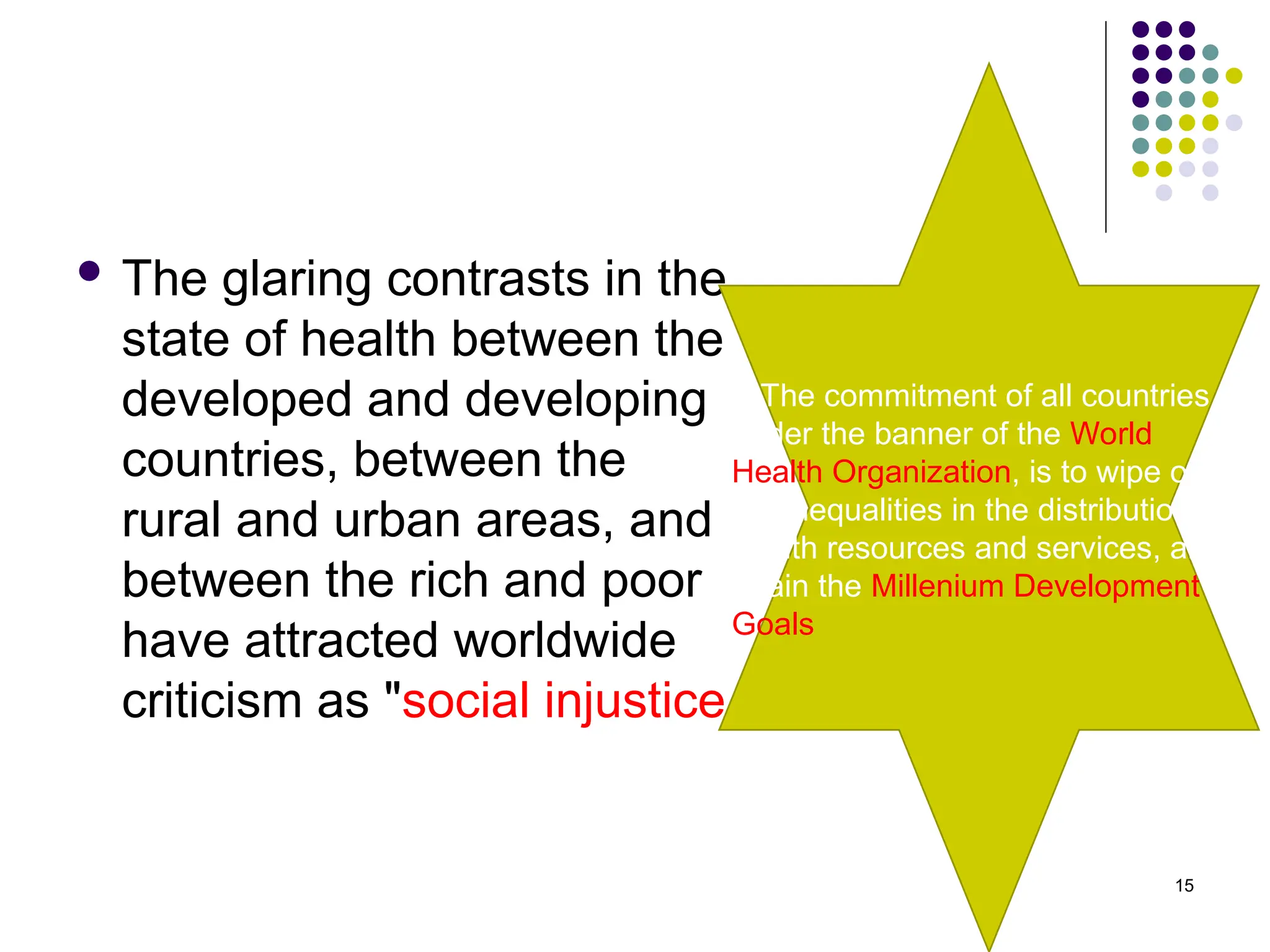  The glaring contrasts in the
state of health between the
developed and developing
countries, between the
rural and urban areas, and
between the rich and poor
have attracted worldwide
criticism as "social injustice
15
". The commitment of all countries,
under the banner of the World
Health Organization, is to wipe out
the inequalities in the distribution of
health resources and services, and
attain the Millenium Development
Goals
 