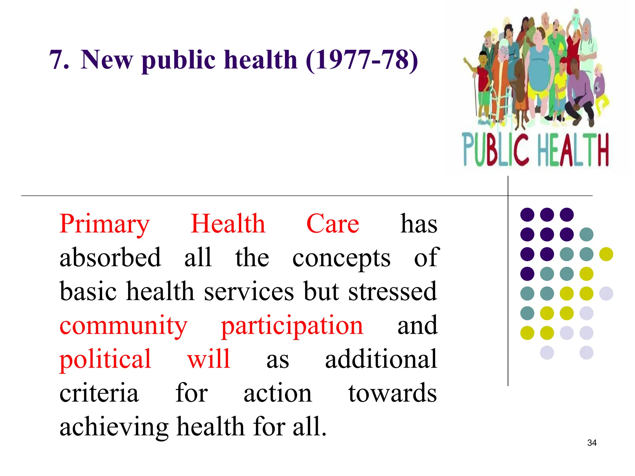 34
7. New public health (1977-78)
Primary Health Care has
absorbed all the concepts of
basic health services but stressed
community participation and
political will as additional
criteria for action towards
achieving health for all.
 