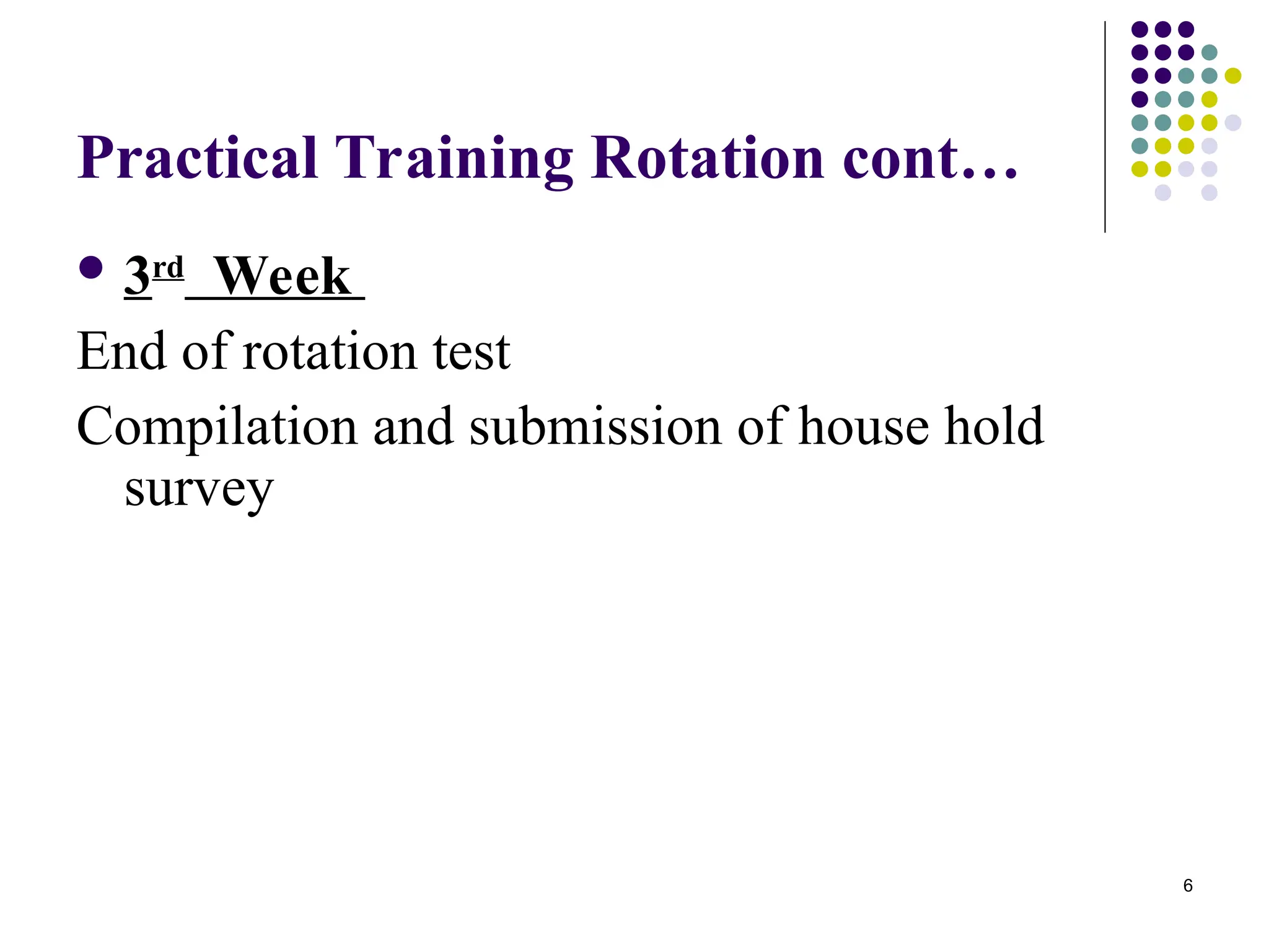 6
Practical Training Rotation cont…
 3rd
Week
End of rotation test
Compilation and submission of house hold
survey
 