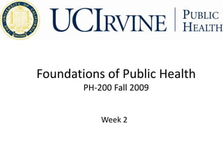 Foundations of Public Health
PH-200 Fall 2009
Week 2
 