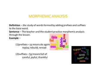 MORPHEMIC	ANALYSIS
Definition	– the	study	of	words	formed	by	adding	prefixes	and	suffixes	
to	the	base	word.
Sentence	– The	teacher	and	the	student	practice	morphemic	analysis	
through	the	lesson.
Example	–
(1)prefixes	– re means	do	again	
replay,	rebuild,	reread
(2)suffixes	– ful means	full	of
careful,	joyful,	thankful
 