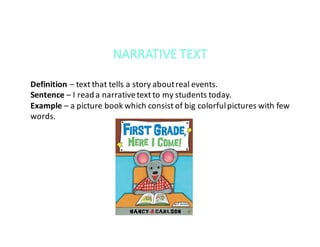 NARRATIVE	TEXT
Definition	– text	that	tells	a	story	about	real	events.
Sentence	– I	read	a	narrative	text	to	my	students	today.
Example	– a	picture	book	which	consist	of	big	colorful	pictures	with	few	
words.														
 